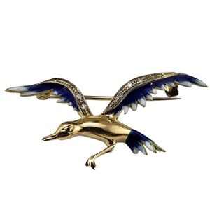 18 Karat Yellow Gold Diamond and Enamel Heron Brooch/Pin #20025